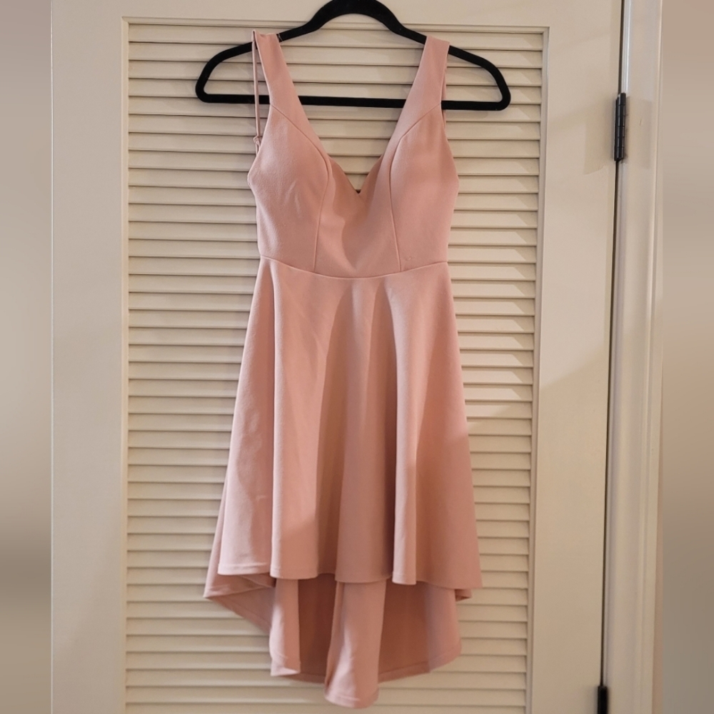 B. Darlin- Juniors' Pink High-Low Fit & Flare Dress With Built-in Bra & Zipper